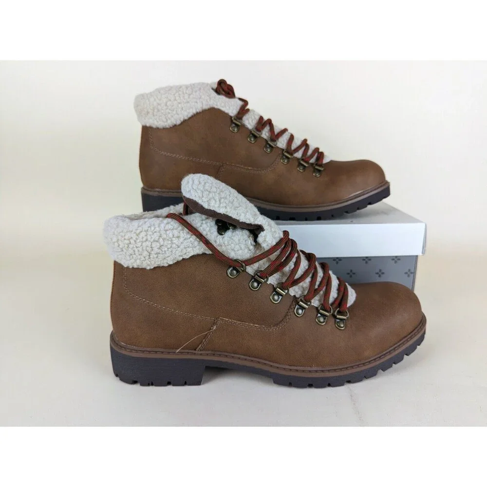 Sun Stone Glenn Lace Up Boots Mens 9 M Tan Faux Leather Fleece Shoes NWB